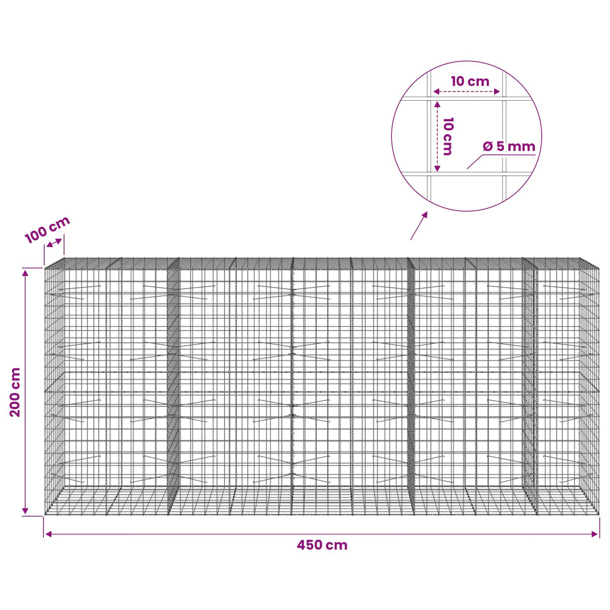 Γκαμπιόν με σύρμα 5 mm και πλέγμα 10x10 cm 450x100x200 εκ