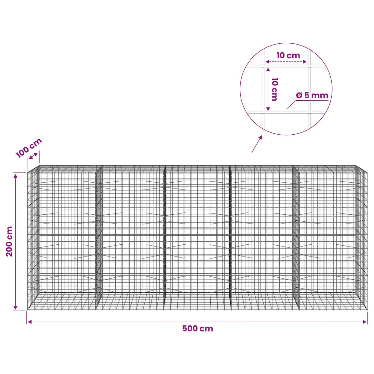 Γκαμπιόν με σύρμα 5 mm και πλέγμα 10x10 cm 500x100x200 εκ