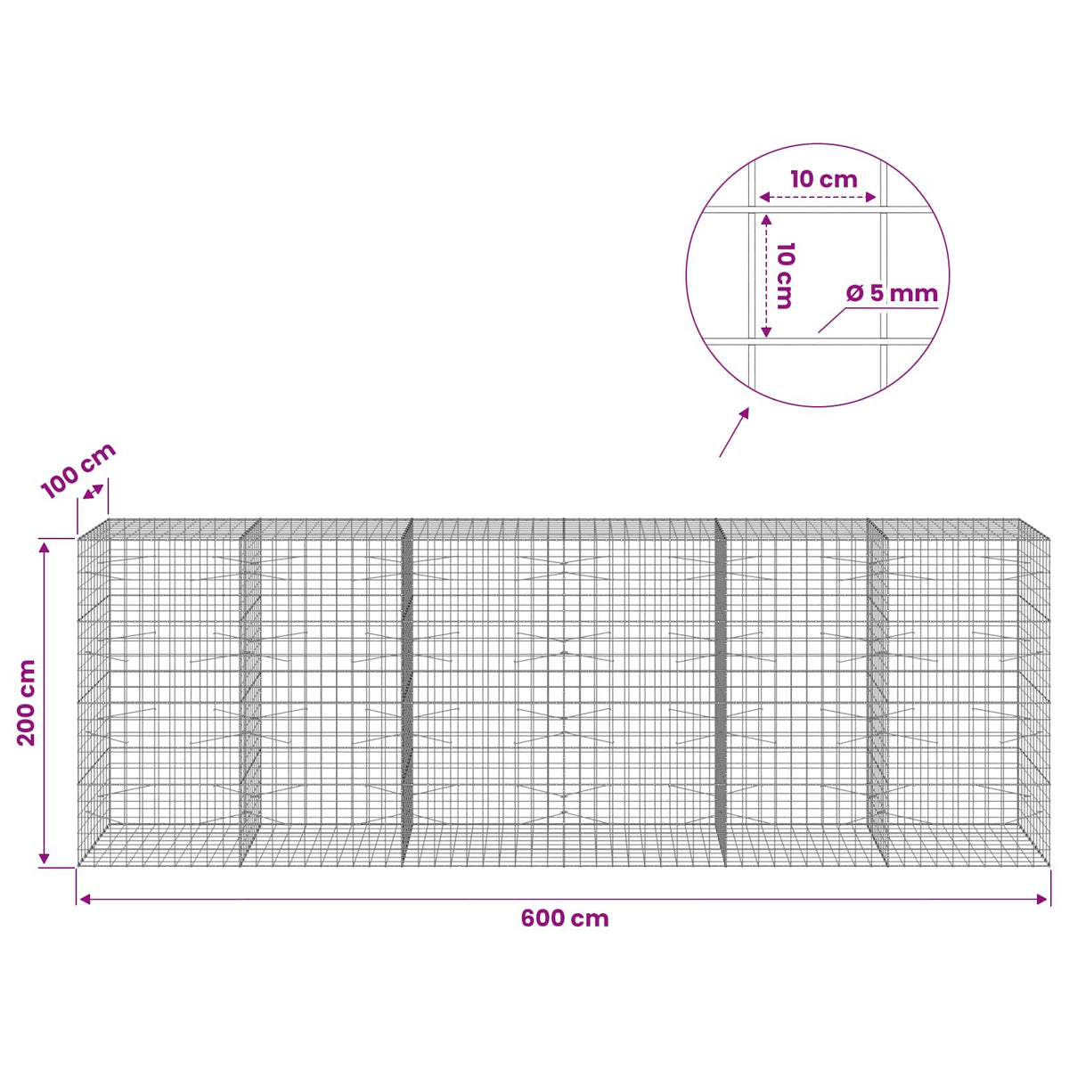 Γκαμπιόν με σύρμα 5 mm και πλέγμα 10x10 cm 600x100x200 εκ