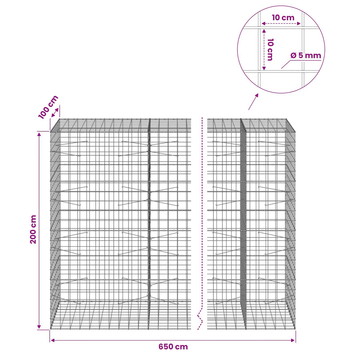 Γκαμπιόν με σύρμα 5 mm και πλέγμα 10x10 cm 650x100x200 εκ