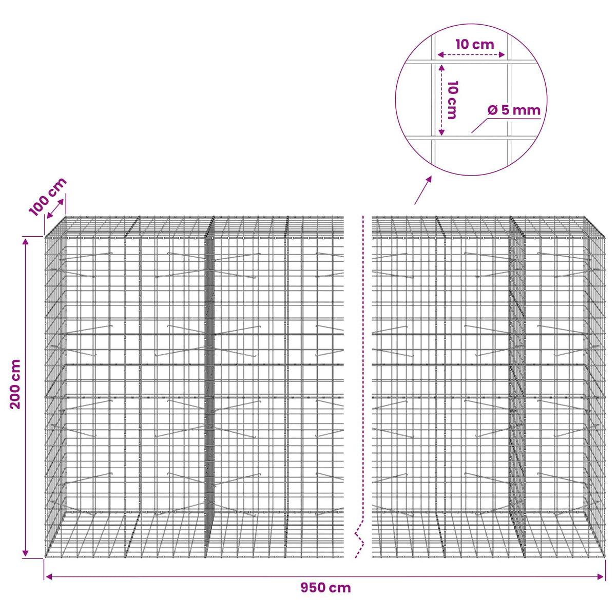 Γκαμπιόν με σύρμα 5 mm και πλέγμα 10x10 cm 950x100x200 εκ - Pakobazaar