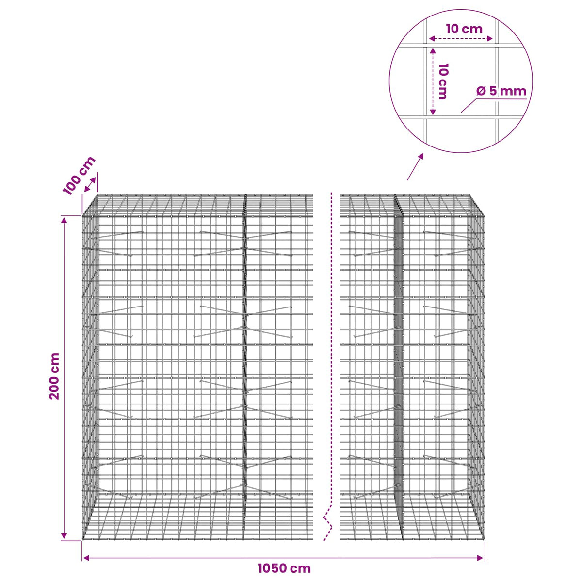 Γκαμπιόν με σύρμα 5 mm και πλέγμα 10x10 cm 1050x100x200 εκ. - Pakobazaar