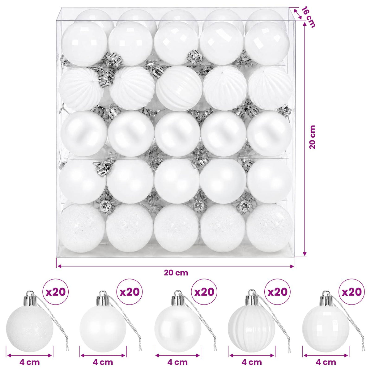 Σετ Χριστουγεννιάτικων Μπαλών 100 τμχ. Λευκό 4 εκ - Pakobazaar