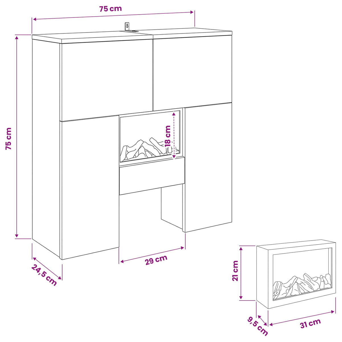 Ηλεκτρικό τζάκι Καπνισμένο Ξύλο Δρυός 75 x 24,5 x 75 cm - Pakobazaar
