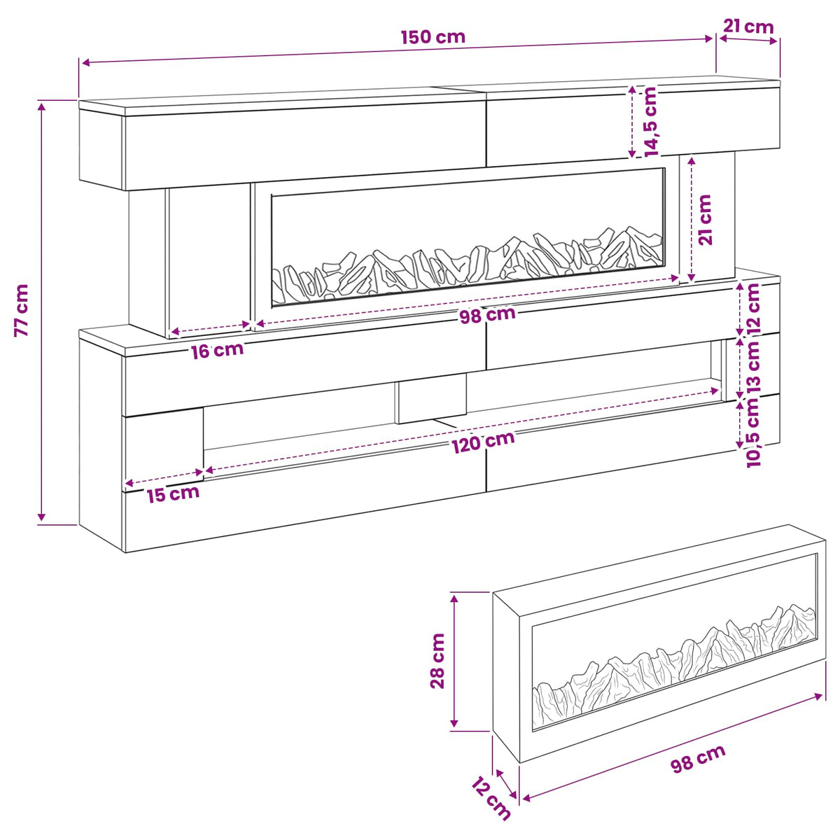 Ηλεκτρικό τζάκι Μαύρη Δρυς 150 x 21 x 77 cm Επεξεργασμένο ξύλο - Pakobazaar