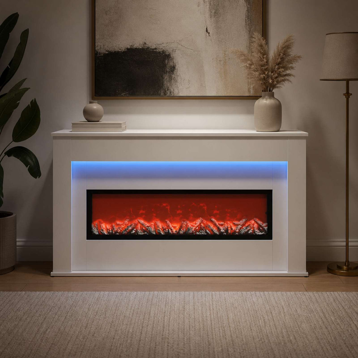 Τζάκι με ταινία LED Λευκό 130 x 20 x 69,5 cm Επεξεργασμένο ξύλο