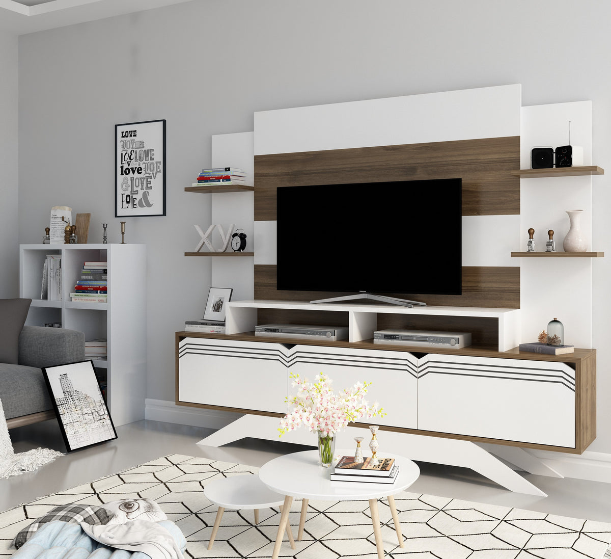 Σύνθεση Τηλεόρασης Kremasta Καρυδί - Λευκό 180x29.5x148.6 εκ. Μελαμίνης