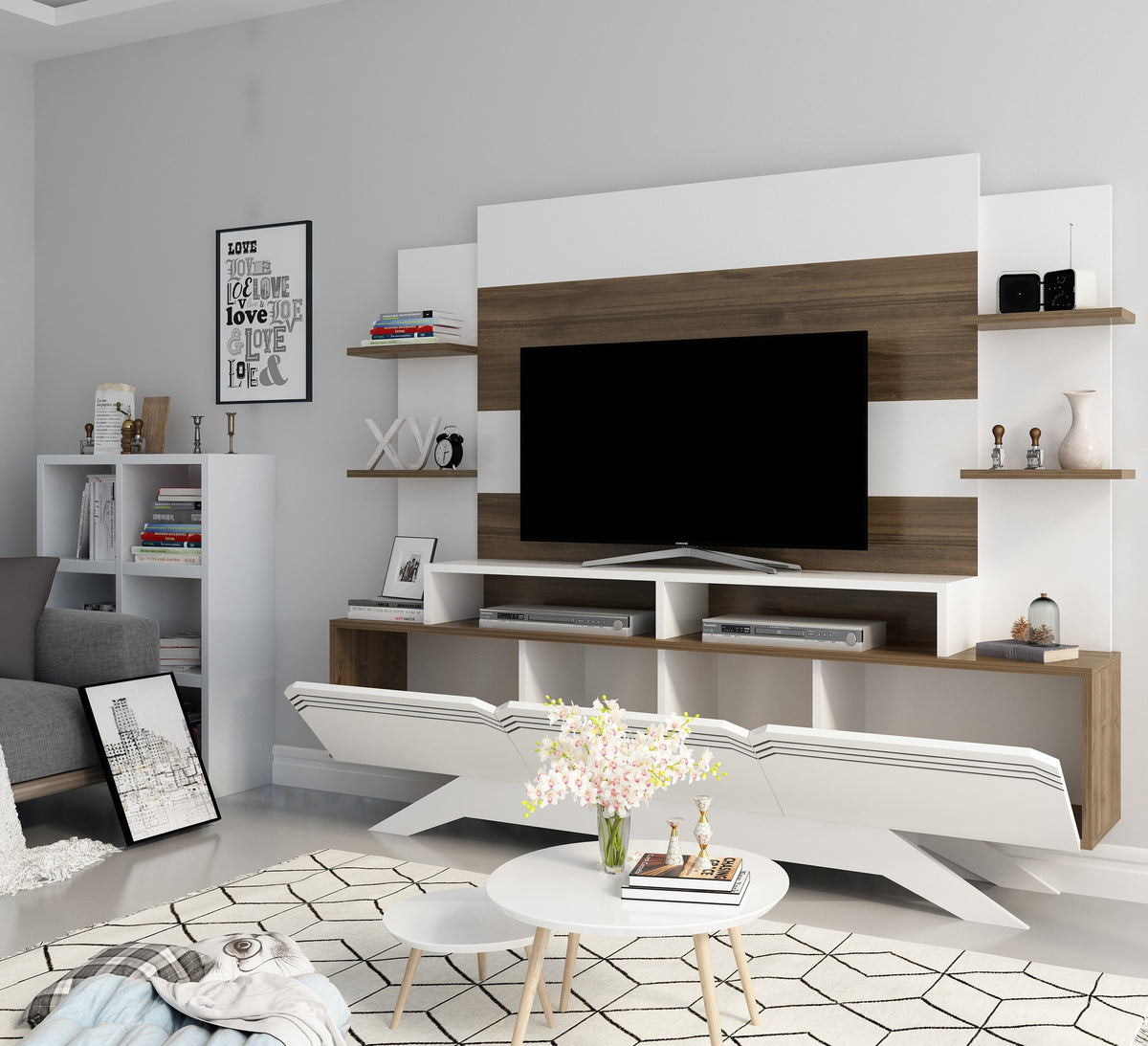 Σύνθεση Τηλεόρασης Kremasta Καρυδί - Λευκό 180x29.5x148.6 εκ. Μελαμίνης