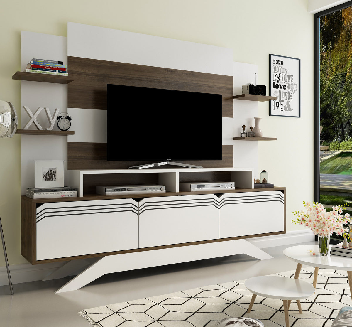 Σύνθεση Τηλεόρασης Kremasta Καρυδί - Λευκό 180x29.5x148.6 εκ. Μελαμίνης