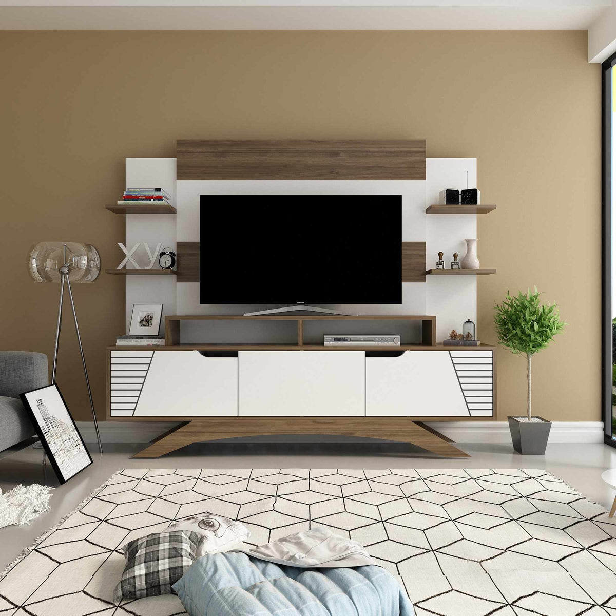 Σύνθεση Τηλεόρασης Rethymno Καρυδί - Λευκό 180x29.5x148.6 εκ. Μελαμίνης