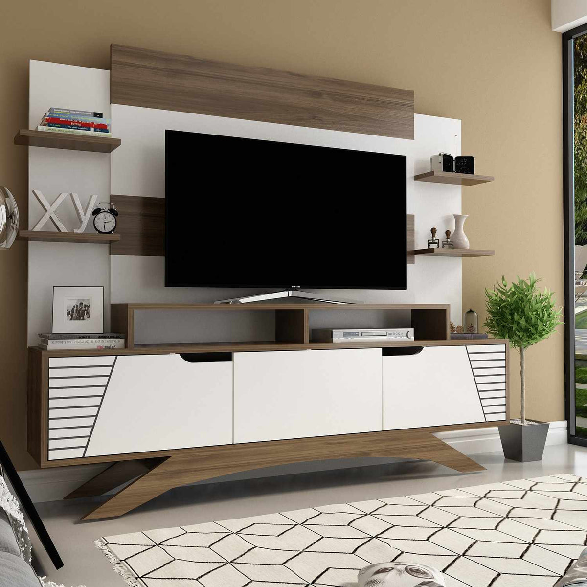Σύνθεση Τηλεόρασης Rethymno Καρυδί - Λευκό 180x29.5x148.6 εκ. Μελαμίνης