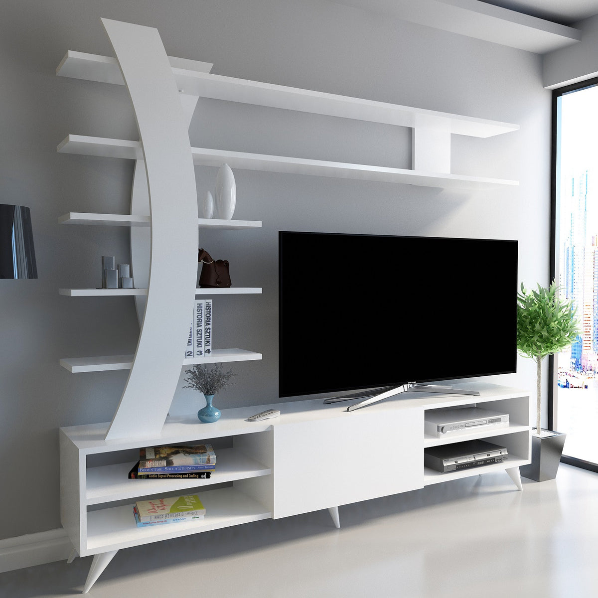 Σύνθεση Τηλεόρασης Aigina Λευκό 180x29.5x162 εκ. Μελαμίνης