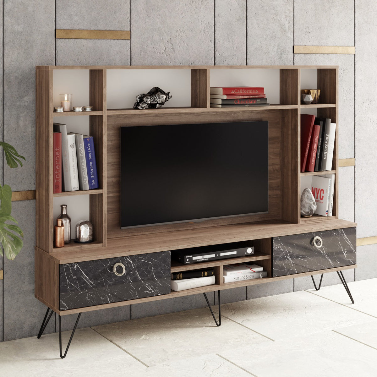 Σύνθεση Τηλεόρασης Karavas Καρυδί - Μαύρο 180x35.2x135.7 εκ. Μελαμίνης