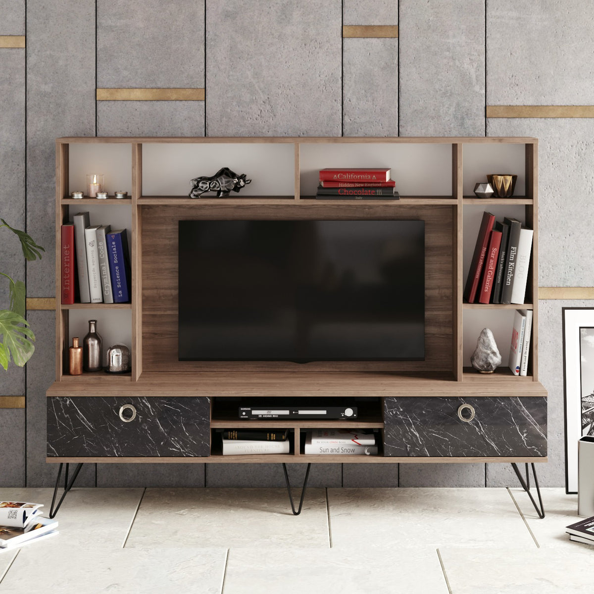 Σύνθεση Τηλεόρασης Karavas Καρυδί - Μαύρο 180x35.2x135.7 εκ. Μελαμίνης