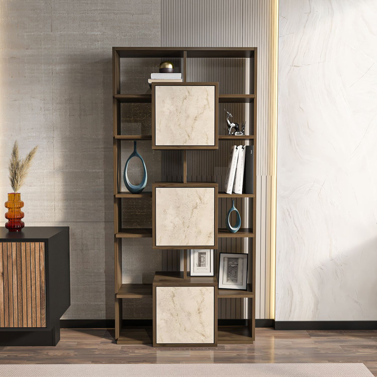 Βιβλιοθήκη Krathis Καρυδί - Travertine 85x20x176 εκ. Μελαμίνης
