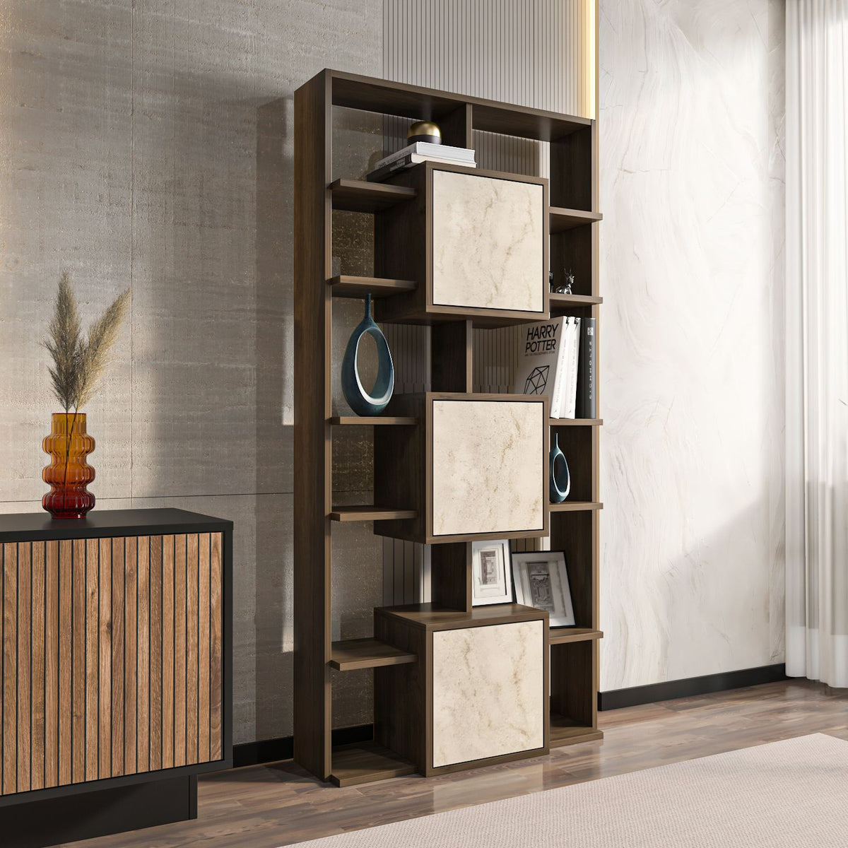 Βιβλιοθήκη Krathis Καρυδί - Travertine 85x20x176 εκ. Μελαμίνης