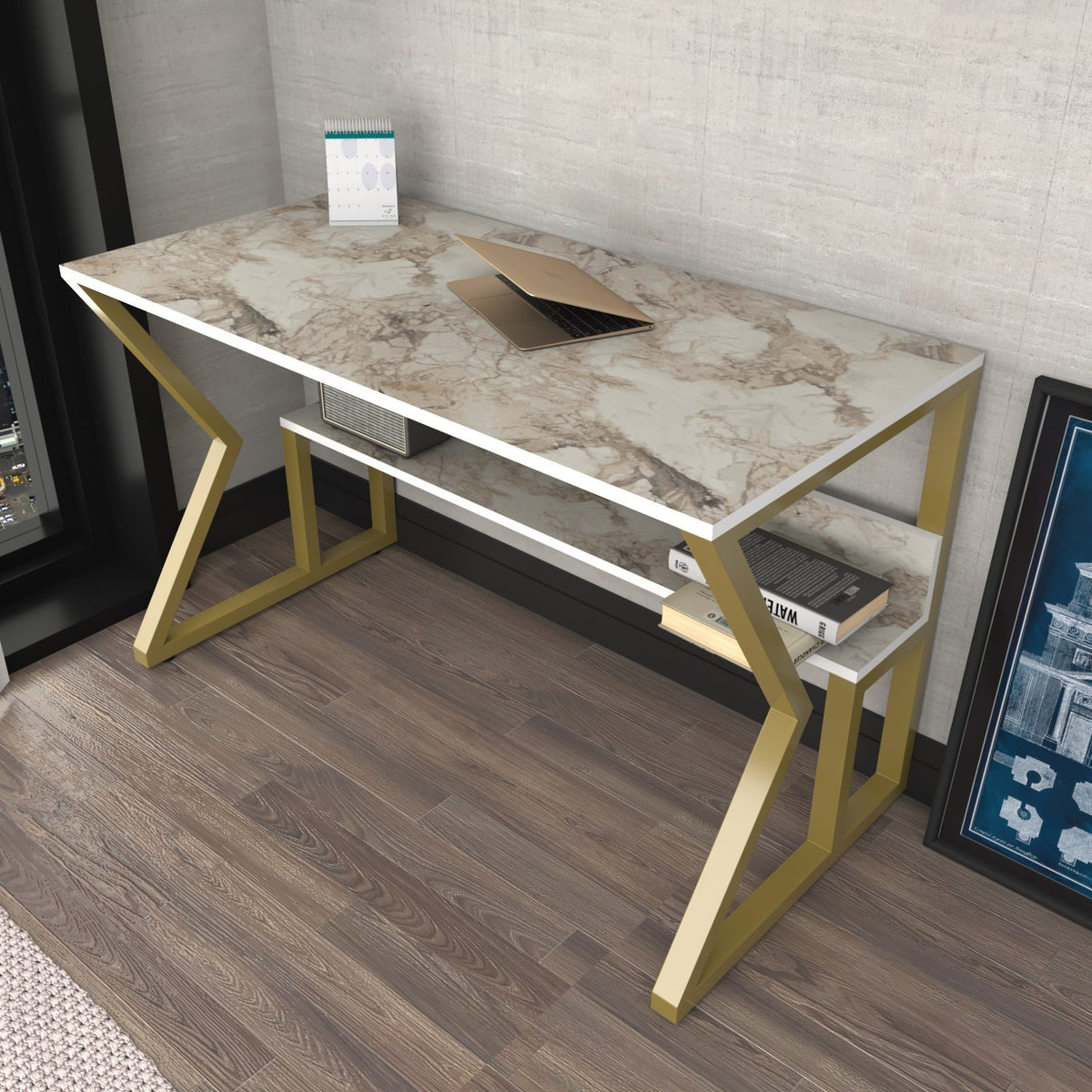 Γραφείο Feres Λευκό - Χρυσό 120x60x72.8 εκ. Μελαμίνης - Pakobazaar