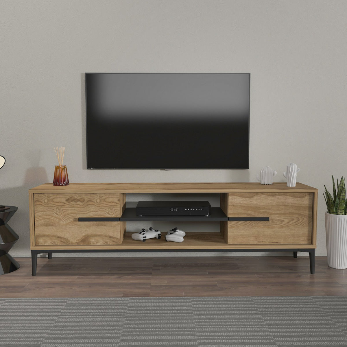 Έπιπλο Τηλεόρασης Prinos Δρυς - Μαύρο 120x29.6x43.6 εκ. Μελαμίνης