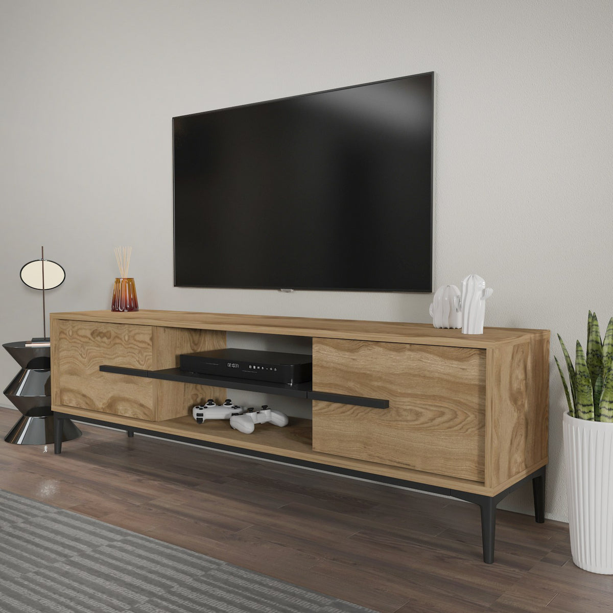 Έπιπλο Τηλεόρασης Prinos Δρυς - Μαύρο 120x29.6x43.6 εκ. Μελαμίνης