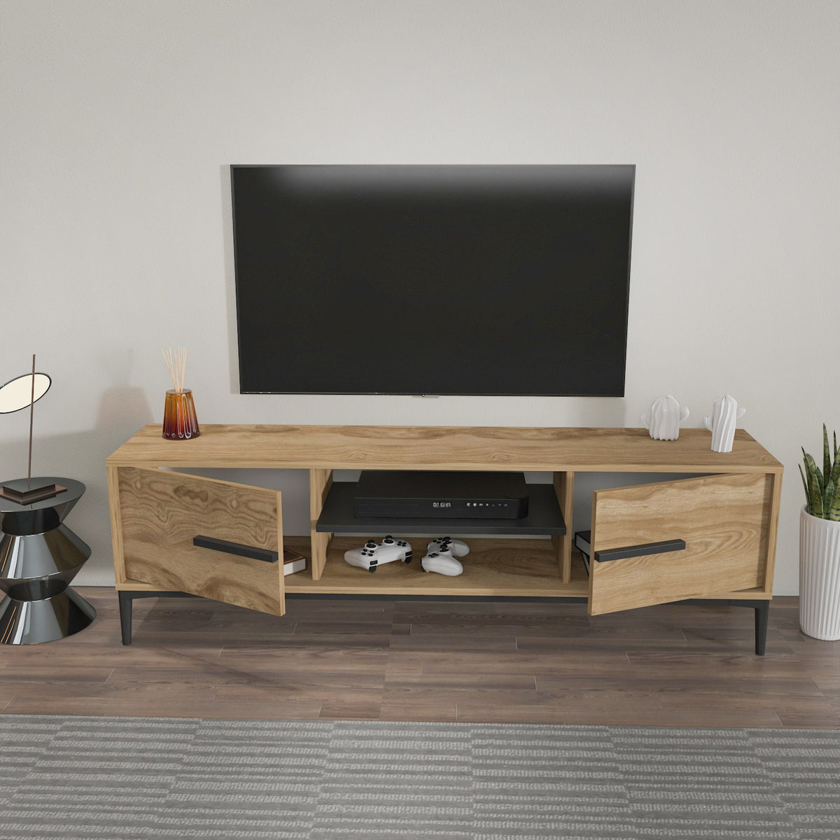 Έπιπλο Τηλεόρασης Prinos Δρυς - Μαύρο 120x29.6x43.6 εκ. Μελαμίνης