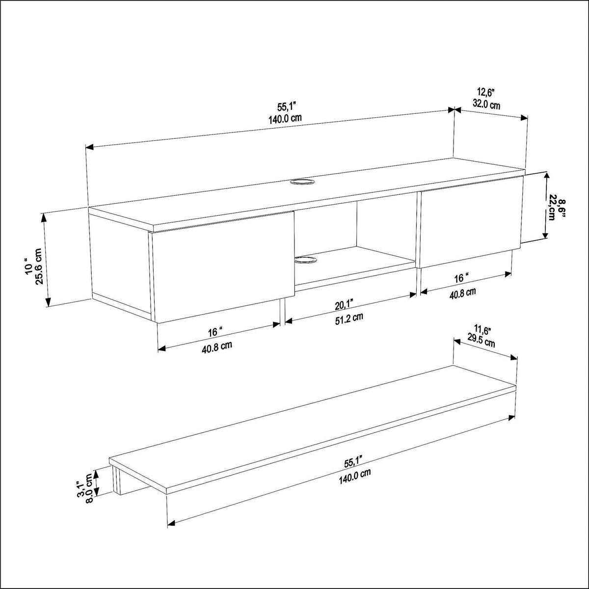 Έπιπλο Τηλεόρασης Assos Ξύλο - Μαύρο 140x32x25.6 εκ. Μελαμίνης