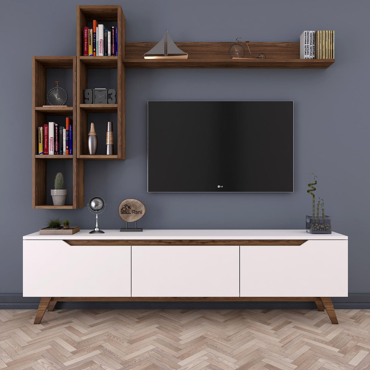 Σύνθεση Τηλεόρασης Magazia Λευκό - Καρυδί 180x35x48.6 εκ. Μελαμίνης