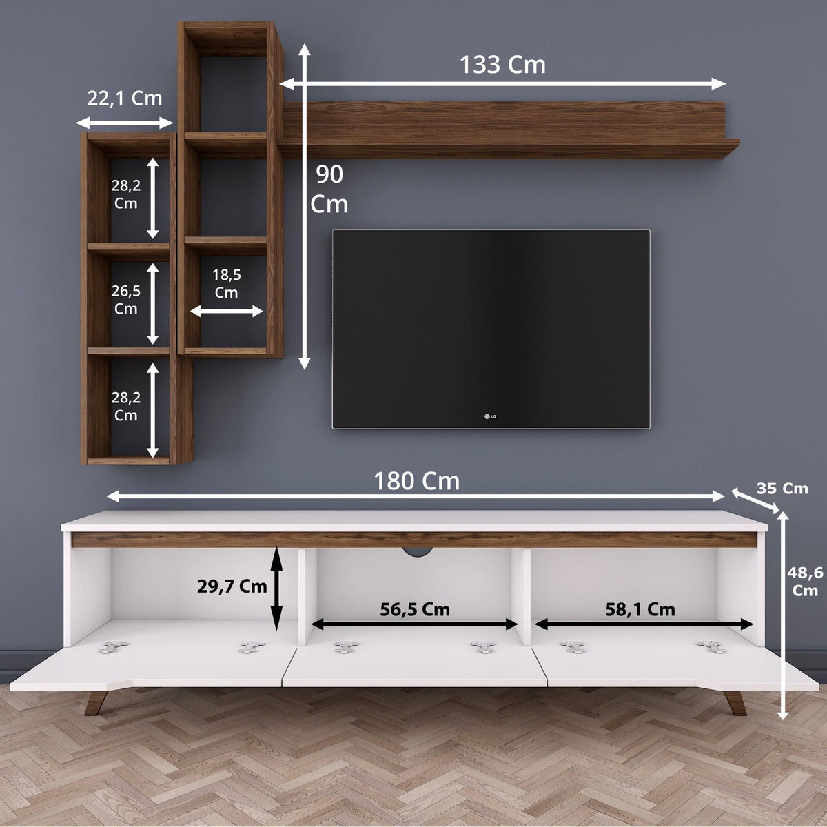 Σύνθεση Τηλεόρασης Magazia Λευκό - Καρυδί 180x35x48.6 εκ. Μελαμίνης