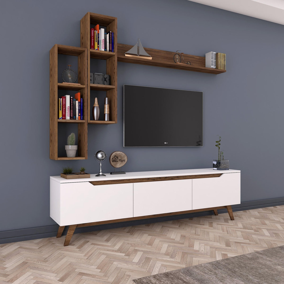 Σύνθεση Τηλεόρασης Magazia Λευκό - Καρυδί 180x35x48.6 εκ. Μελαμίνης