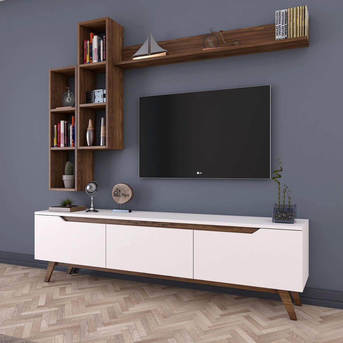 Σύνθεση Τηλεόρασης Magazia Λευκό - Καρυδί 180x35x48.6 εκ. Μελαμίνης