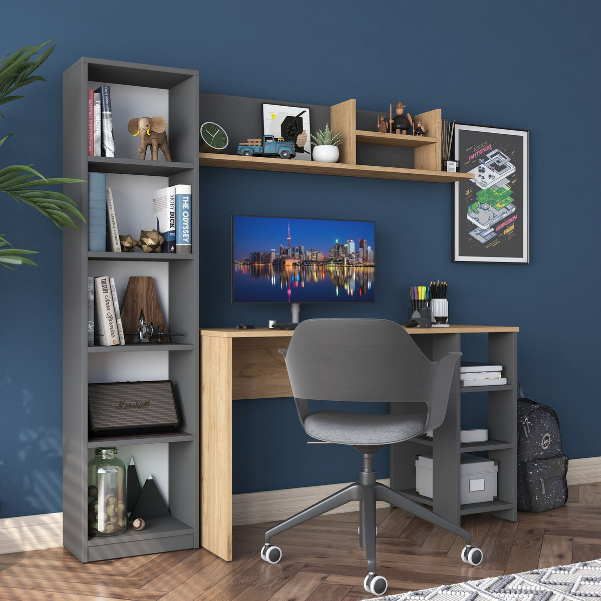 Γραφείο με Βιβλιοθήκη Lemonakia Καρυδί - Ανθρακί 160x45x161.8 εκ. Μελαμίνης