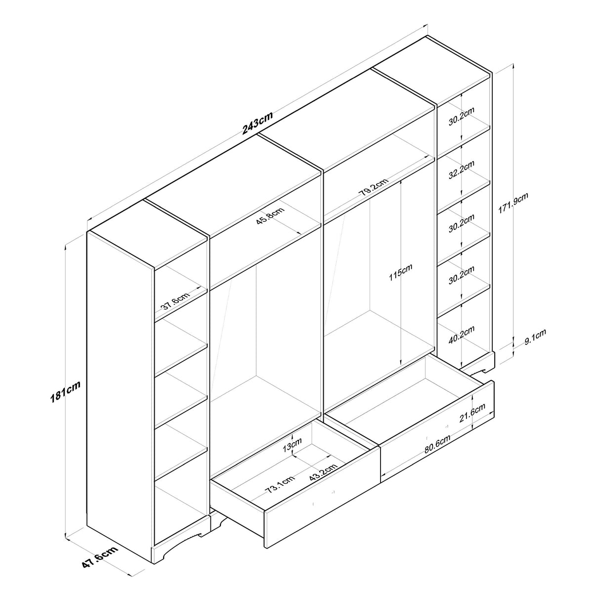 Ντουλάπα Pinakochori Λευκό 243x47.6x181 εκ. Μελαμίνης