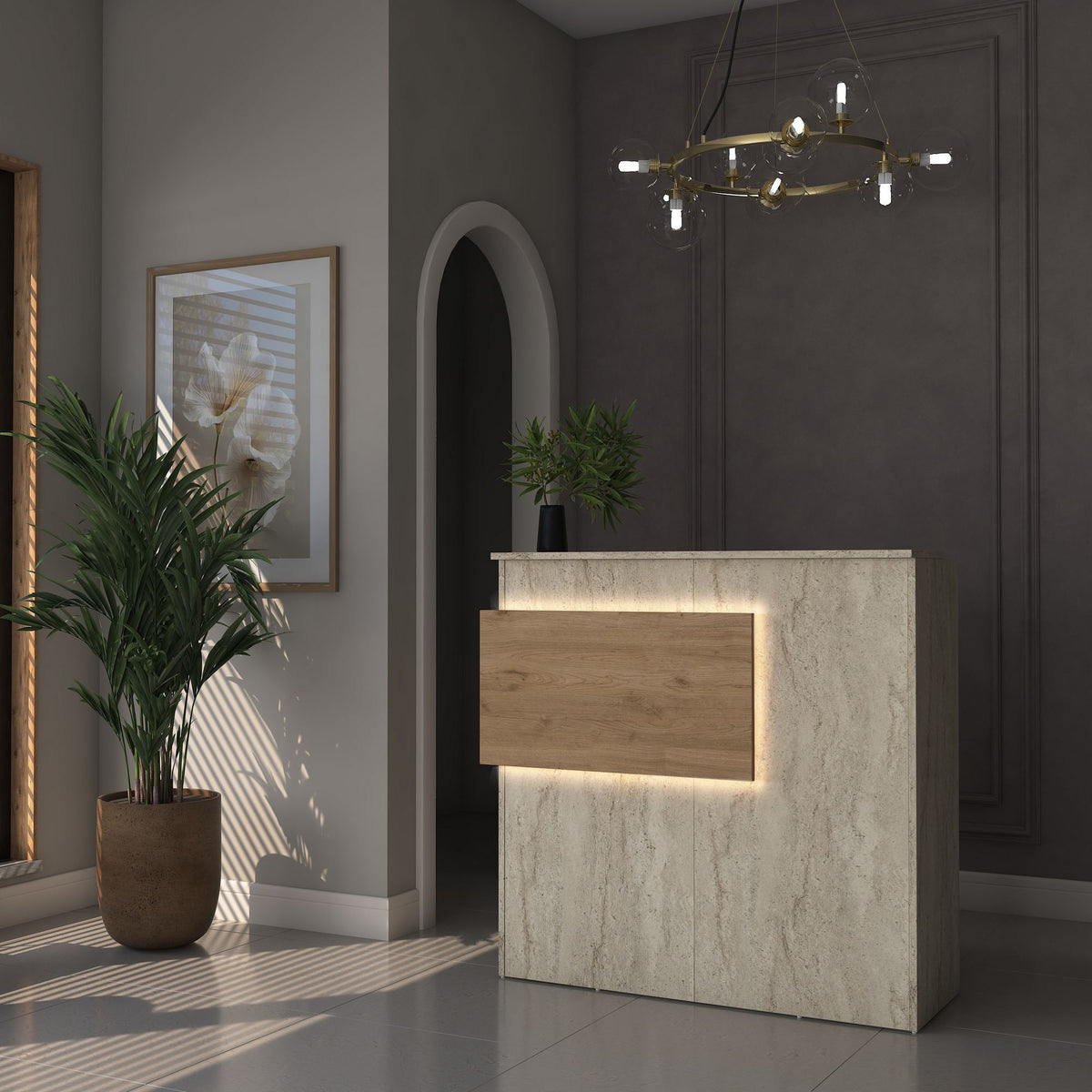 Γραφείο Υποδοχής Margarites Με LED Travertine - Καρυδί 110x40x110 εκ. Μελαμίνης
