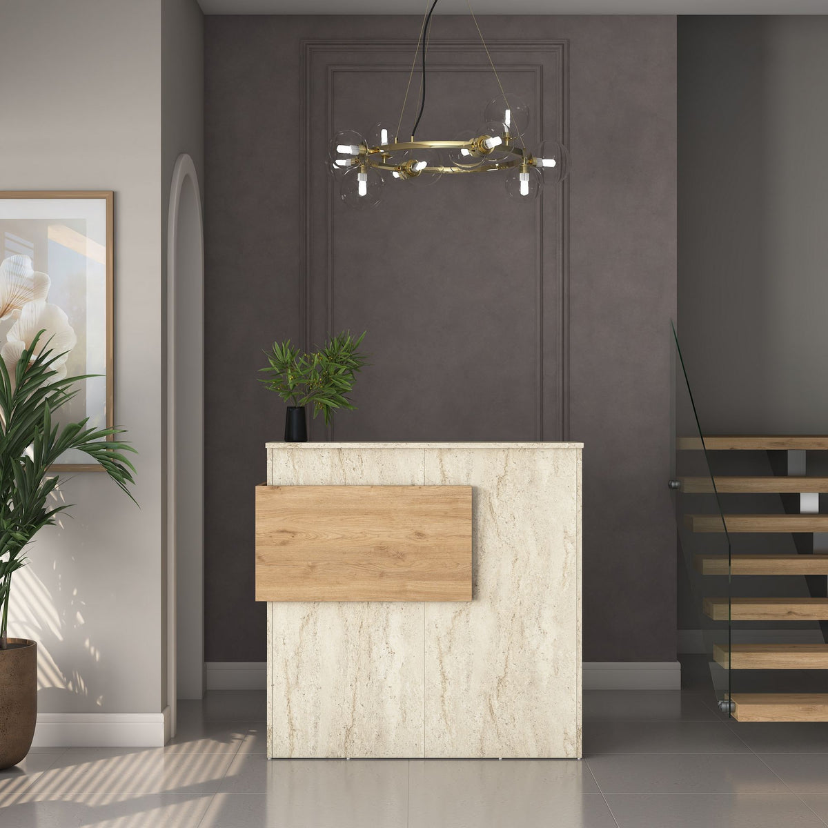 Γραφείο Υποδοχής Margarites Με LED Travertine - Καρυδί 110x40x110 εκ. Μελαμίνης