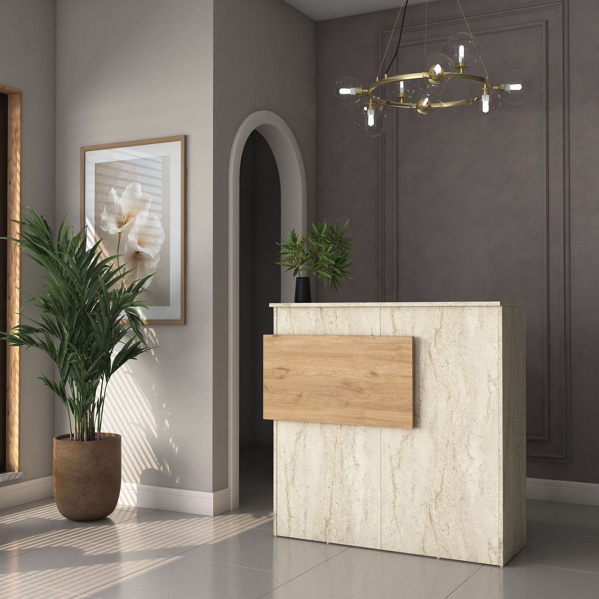 Γραφείο Υποδοχής Margarites Με LED Travertine - Καρυδί 110x40x110 εκ. Μελαμίνης