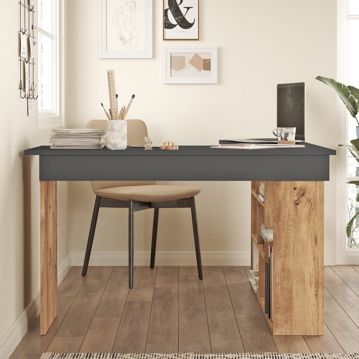 Γραφείο Krini Ατλαντικό Πεύκο - Ανθρακί 129x120x72 εκ. Μελαμίνης