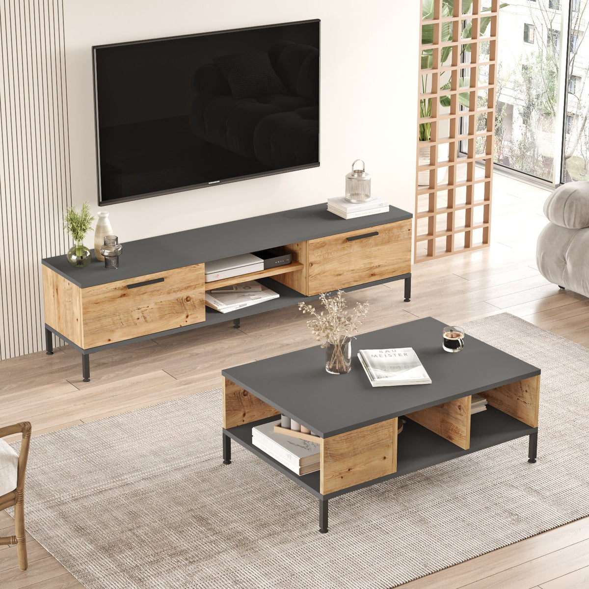 Σετ Σαλονιού Sachtouria Ατλαντικό Πεύκο - Ανθρακί 160x35x39.1 εκ. Μελαμίνης
