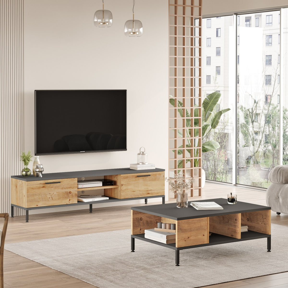 Σετ Σαλονιού Sachtouria Ατλαντικό Πεύκο - Ανθρακί 160x35x39.1 εκ. Μελαμίνης