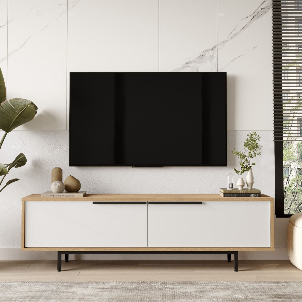 Έπιπλο Τηλεόρασης Alyki Δρυς - Λευκό 160x35.5x45.1 εκ. Μελαμίνης