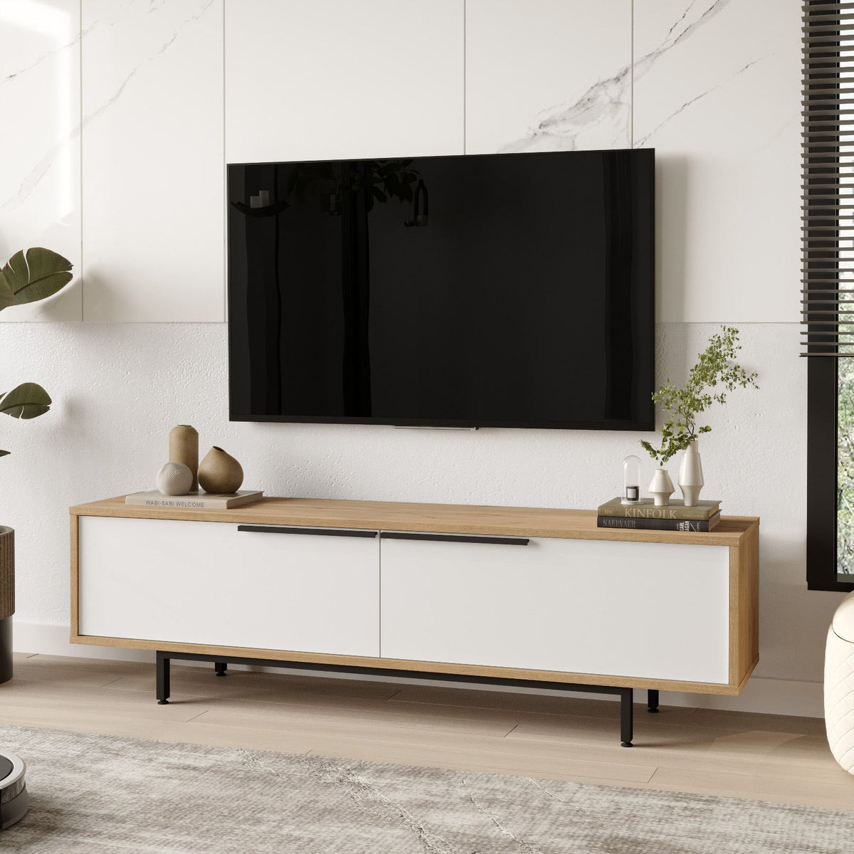 Έπιπλο Τηλεόρασης Alyki Δρυς - Λευκό 160x35.5x45.1 εκ. Μελαμίνης