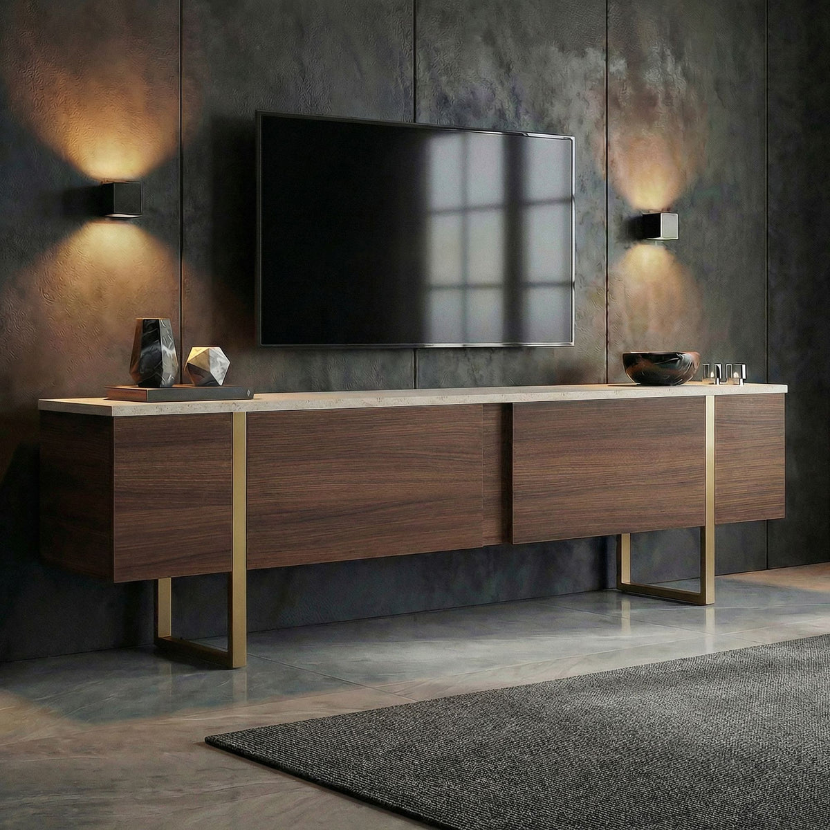 Έπιπλο Τηλεόρασης Seralia Travertine - Καρυδί Milano - Χρυσό 180x30x50 εκ. Μελαμίνης