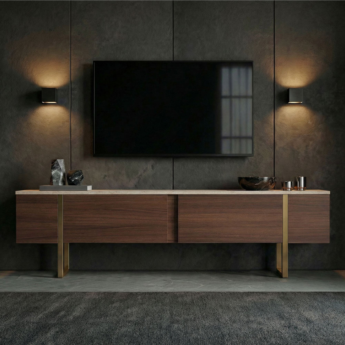 Έπιπλο Τηλεόρασης Seralia Travertine - Καρυδί Milano - Χρυσό 180x30x50 εκ. Μελαμίνης