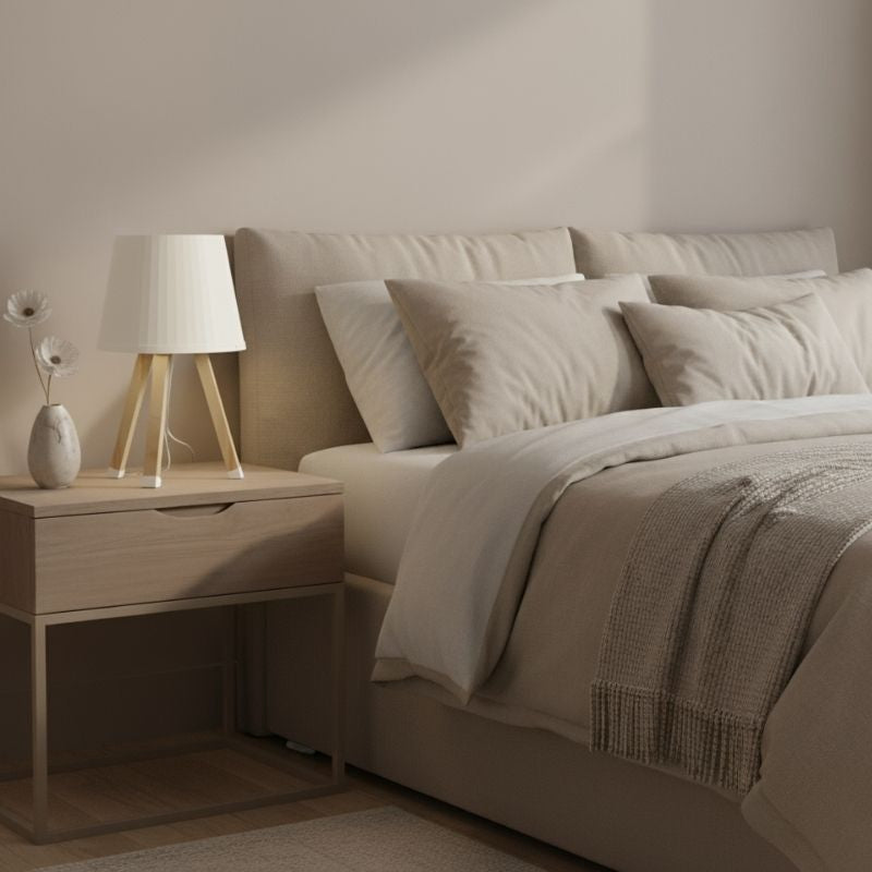 Φωτιστικό επιτραπέζιο ξύλινο - πλαστικό χρώμα μπεζ Ø18x34εκ. - Pakobazaar