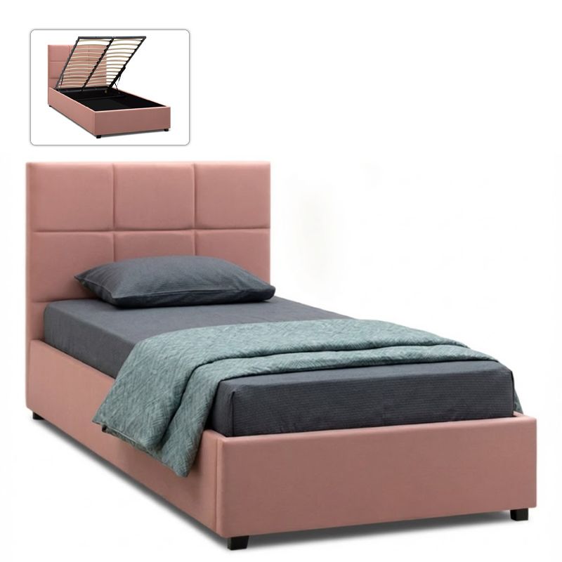 Κρεβάτι Kingston  βελούδινο με αποθηκευτικό χώρο χρώμα melon pink 100x200εκ.