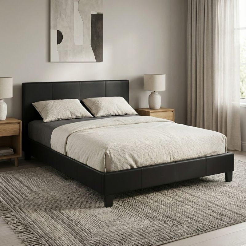 Κρεβάτι Flat  από τεχνόδερμα χρώμα μαύρο ματ 160x200εκ. - Pakobazaar