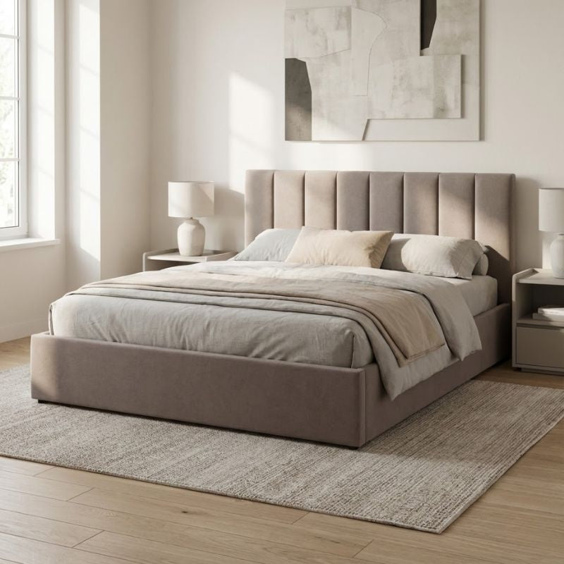 Κρεβάτι Renata  υφασμάτινο με αποθηκευτικό χώρο χρώμα μπεζ 160x200εκ. - Pakobazaar