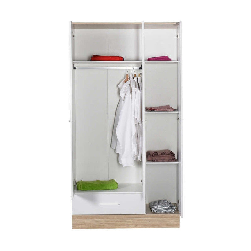 Ντουλάπα ρούχων Base  τρίφυλλη με συρτάρια χρώμα λευκό - sonoma 103x52x198εκ.