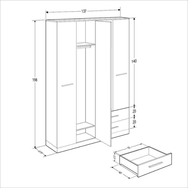 Ντουλάπα ρούχων Base  τετράφυλλη με συρτάρια χρώμα λευκό - sonoma 137x52x198εκ. - Pakobazaar