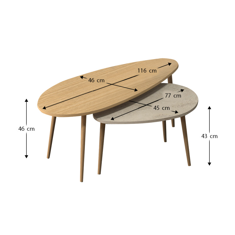 Τραπεζάκι σαλονιού σετ 2 τμχ Elips  χρώμα oak - travertine 116x46x46εκ.