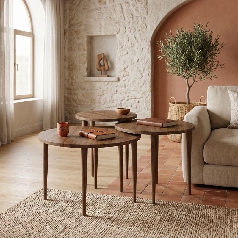 Τραπεζάκι σαλονιού σετ 3 τμχ Nola  χρώμα καρυδί Ø60x46εκ. - Pakobazaar