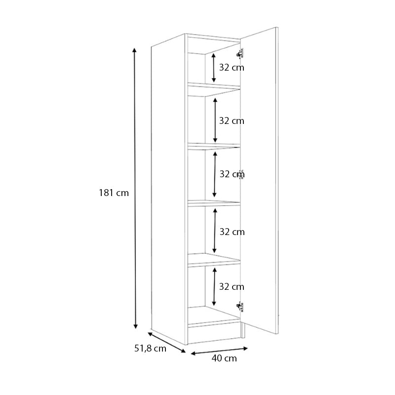 Ντουλάπα ρούχων Ricardo  μονόφυλλη χρώμα λευκό 40x51,8x181εκ.
